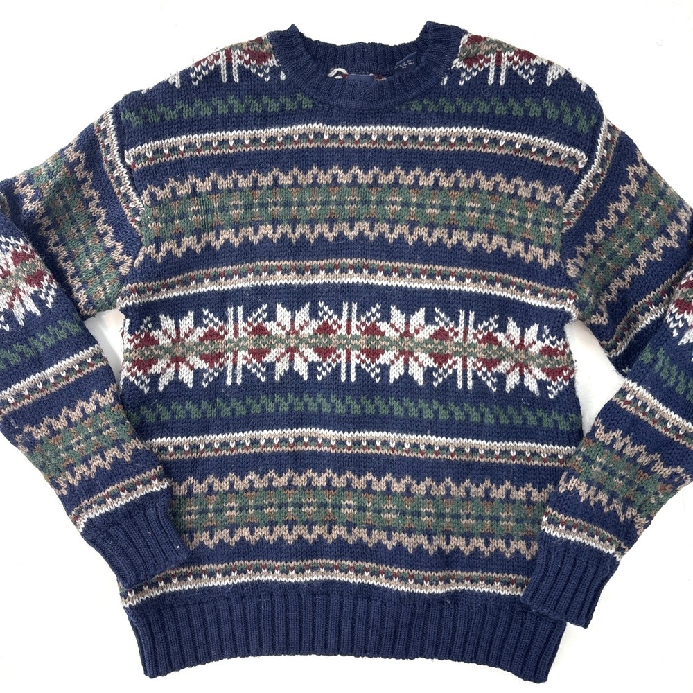 Vintage Gap Knit 100% Wool Sweater Medium Fair Isle Nordic Blue Preppy